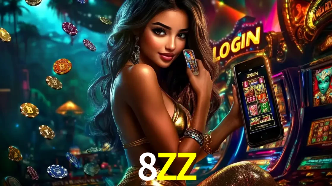 Mulher em um cenário de cassino temático de aventura, mostrando o app de caça-níqueis da 8ZZ no celular. Fichas de apostas flutuam ao redor.