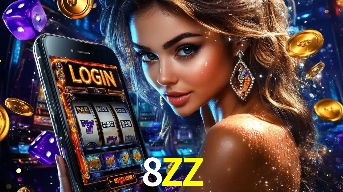 Mulher glamorosa segurando um smartphone com a tela de login para os jogos de caça-níqueis do cassino online 8ZZ, com moedas de ouro e dados ao redor.