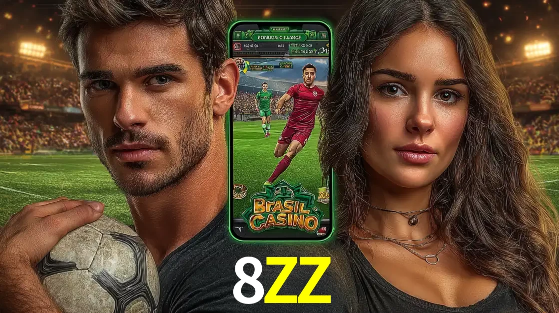 Homem segurando uma bola de futebol e uma mulher ao lado de um smartphone exibindo o jogo de apostas esportivas da 8ZZ. Faça seu palpite no cassino online.